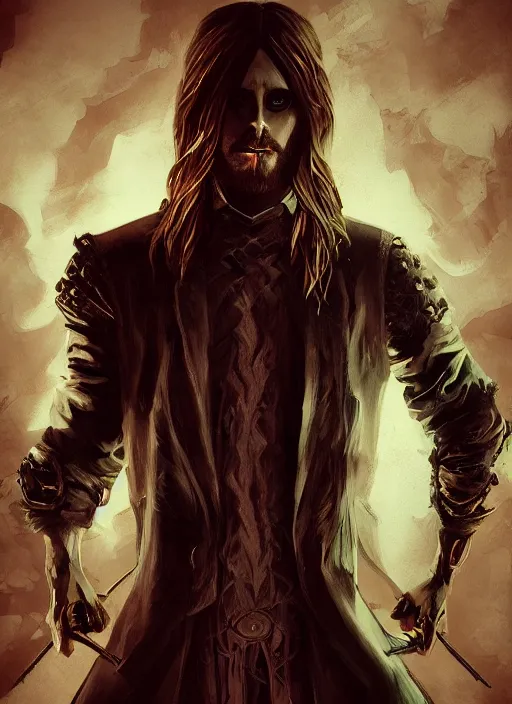 Image similar to A fantasy comic book style portrait painting of Jared Leto as a vampire race in a atmospheric dark fortress, unreal 5, DAZ, hyperrealistic, octane render, RPG portrait, ambient light, dynamic lighting