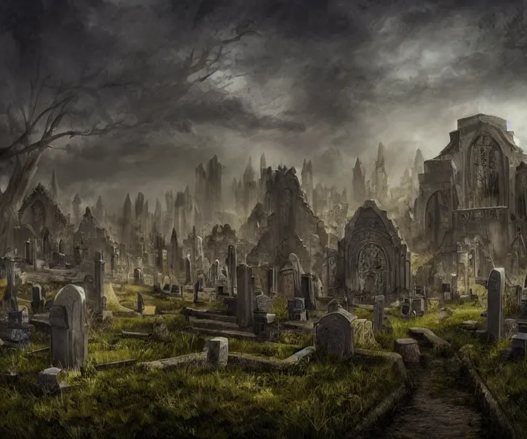 Image similar to a city of tombs and tombstones, graveyard landscape, giant grave structures, giant tomb structures, dark fantasy, digital art, fantasy art