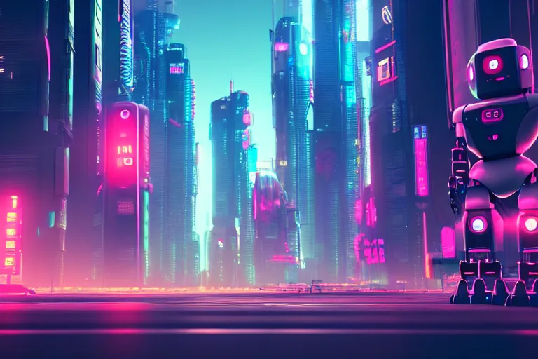 Image similar to a cute big robots in a cyberpunk city. super realistic 8 k render of a elegant, cinematic composition