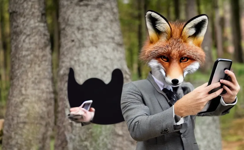 Image similar to an anthropomorphic fox looking at his smartphone which he is holding wearing a suit, anthro, posted on furafinity