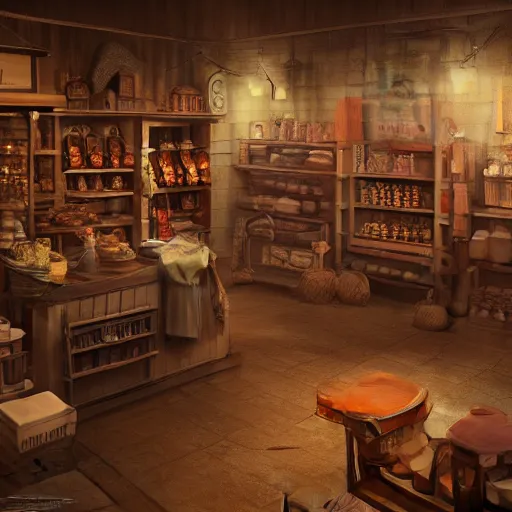 Prompt: A hyper realistic matte painting of interior of a western style shop with shopkeeper, 4k, artstation, cgsociety, cinematic lighting