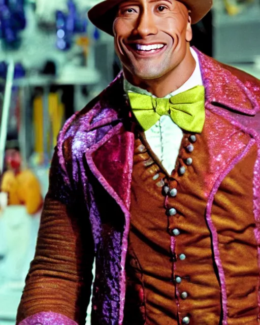 Image similar to Film still close-up shot of Dwayne Johnson as Willy Wonka from the movie Willy Wonka & The Chocolate Factory. Photographic, photography