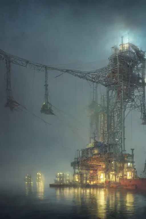 Prompt: a highly detailed matte painting of a soviet steampunk oil rig in fog at night by studio ghibli, makoto shinkai, by artgerm, by wlop, by greg rutkowski, volumetric lighting, octane render, 4 k resolution, trending on artstation, masterpiece