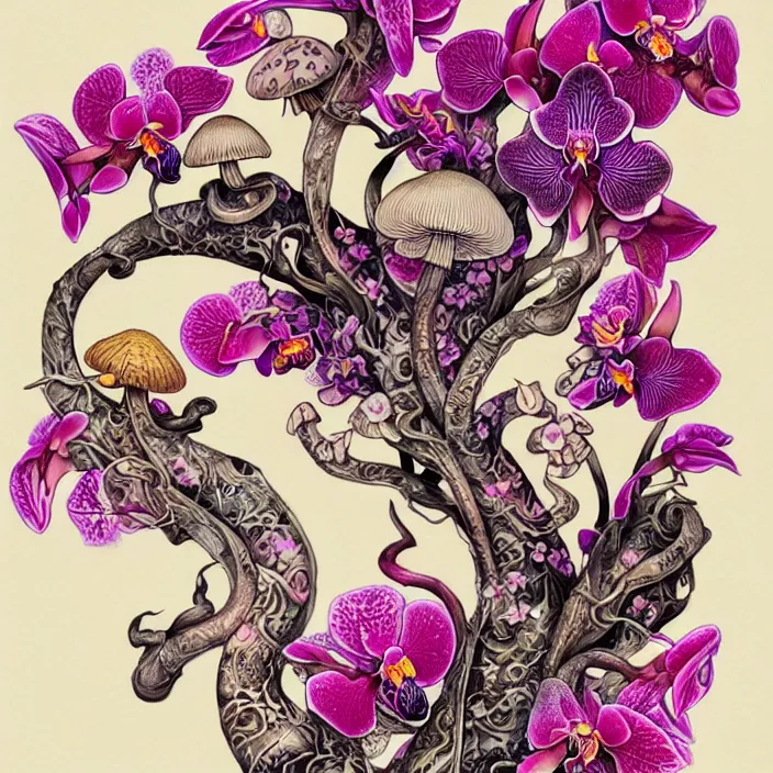 Prompt: extremely psychedelic tattoo design made of orchid and cherry blossom tree and mushroom, LSD tattoo design, diffuse lighting, fantasy, intricate, elegant, highly detailed, lifelike, photorealistic, digital painting, artstation, illustration, concept art, smooth, sharp focus, art by John Collier and Albert Aublet and Krenz Cushart and Artem Demura and Alphonse Mucha