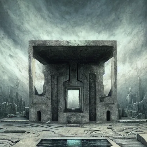 Prompt: brutalist marble structure in the shape of a skull, taiga landscape, greek doric ionic corinthian fountain, surrealism, by Tyler Edlin and Jean Delville and John Aktinson Grimshaw and Robert Hubert, german romanticism style, oil on canvas, cinematic lighting, vibrant, concept art, gothic, contrasting, nightscape