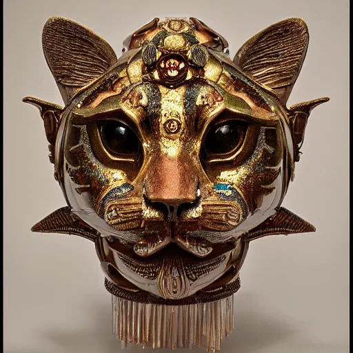 Image similar to masterpiece sculpture of an ornate bejeweled mechanical cat head, by annie swynnerton and diego rivera and nicholas roerich and jean delville, symbolist, dramatic lighting, god rays, elaborate geometric ornament, art brut, rich colors, smooth, sharp focus, extremely detailed, adolf wolfli and ( donato giancola )