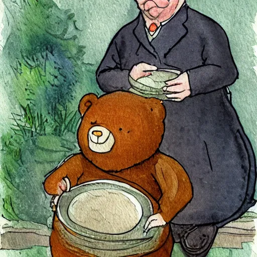 Image similar to a grumpy human man wearing a bear costume, holding a goldfish bowl. watercolour with pencil, in the style of beatrix potter.