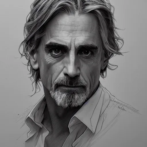 Image similar to amazing lifelike award winning pencil illustration of Jeremy irons intense stare beautiful trending on art station artgerm Greg rutkowski alphonse mucha cinematic