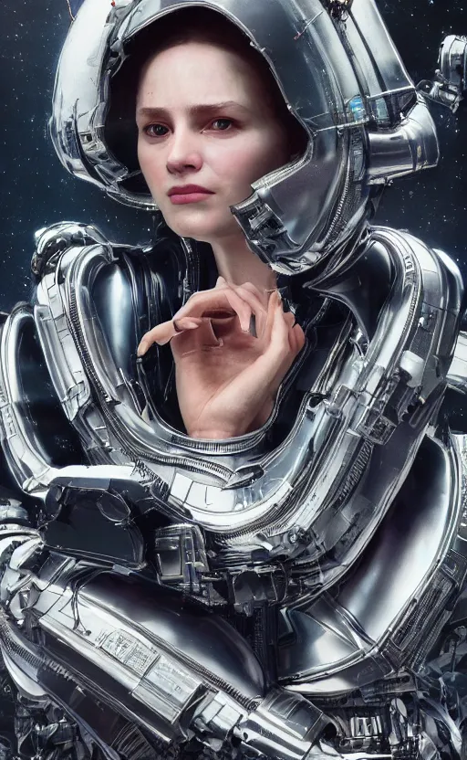 Image similar to portrait of a woman wearing a science fiction suit, technology, sci fi, beautiful detailed intricate insanely detailed octane render, 8K artistic photography, photorealistic, chiaroscuro, by Raphael, Caravaggio, directed by Denis Villeneuve