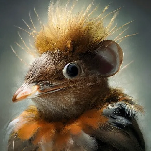 Image similar to portrait character design, a cute feathered mouse, feathers plumage, plumed by brian froud, portrait studio lighting by jessica rossier and brian froud