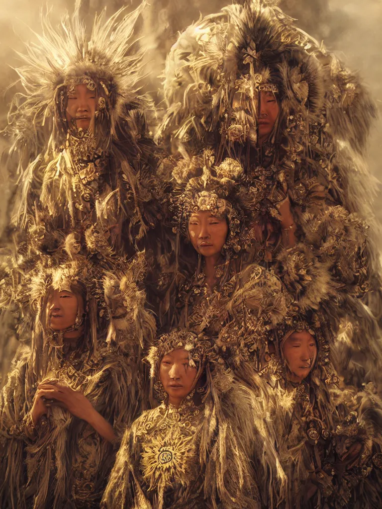 Image similar to a fancy portrait of the sacred sunflower people, a divine mongolian tribe, by Greg Rutkowski, Sung Choi, Mitchell Mohrhauser, Maciej Kuciara, Johnson Ting, Maxim Verehin, Peter Konig, Bloodborne, macro lens, 35mm, 8k photorealistic, cinematic lighting, HD, high details, atmospheric