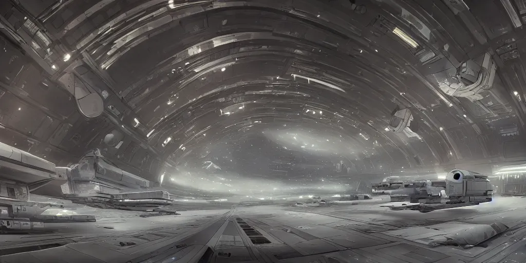 Prompt: one thousand aligned cryogenic pods, spaceship hangar, symmetrical, sci-fi, cryogenic pods, many cryogenic pods, interior, fantasy, 4k, wide shot, matte painting, oil painting, concept art, art station, star wars style