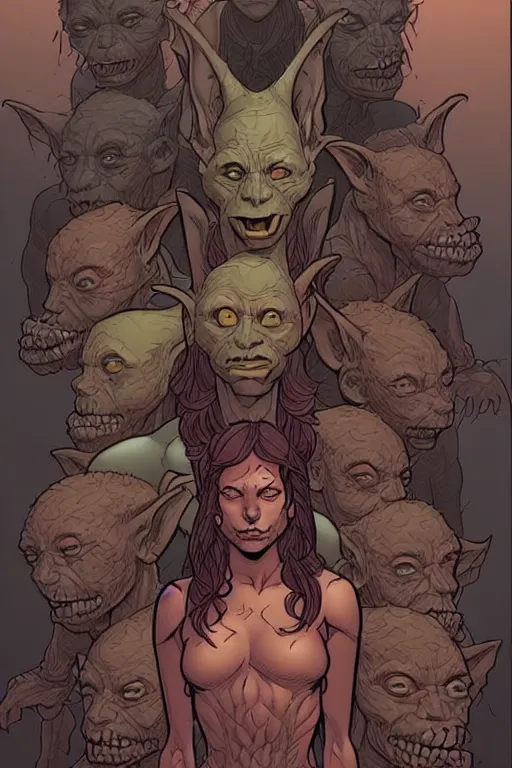 Prompt: comic cover art of a goblin horde, facing the viewer, dnd, high fantasy digital illustration, by jenny frison and sana takeda, intricate details, stunning inking lines, flat colors, 4 k, hd, artstation