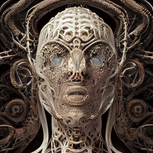 Image similar to a highly detailed photographic portrait of a human, biomechanical sculpture, mandelbrot fractal, intricate, elegant, ornate, elegant, luxurious, beautifully lit, ray traced, octane 3D render in the style of Gerald Brom and James Gurney