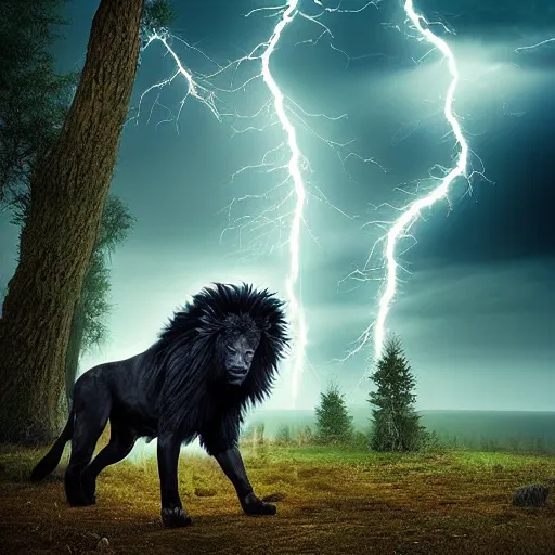 Image similar to epic photography of black lion with gold lightnings in the fur surrounded by ancient trees, colossal scale, photorealistic, high details, intricate by Nick Nichols and Evgeniy Antonenkov