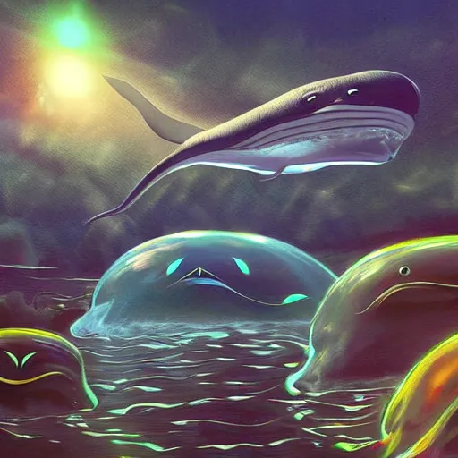 Image similar to a society of whale aliens under the ocean, sci-fi digital art,