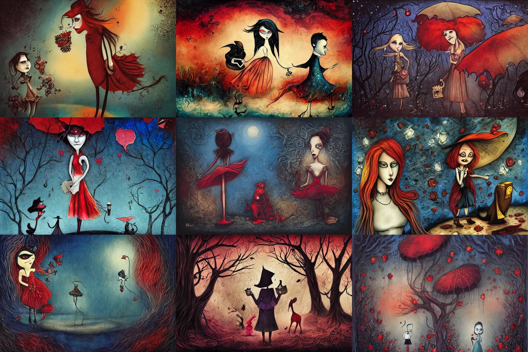 Prompt: Alice joins a Caucus-race to get dry, dramatic, art style Megan Duncanson and Benjamin Lacombe, super details, dark dull colors, ornate background, mysterious, eerie, sinister