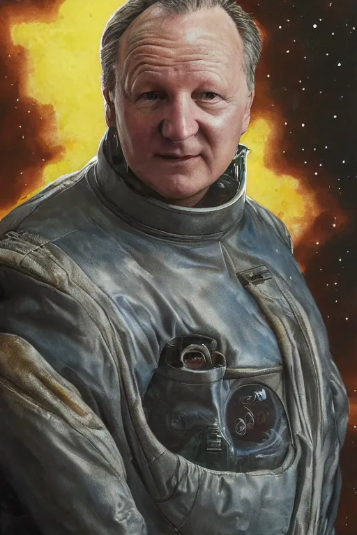 Image similar to upper body portrait of stellan skarsgård as baron harkonnen with oil running down his face wearing old leather spacesuit, detailed, sunshine, nebula space background, illustration by norman rockwell, artstation character art, john william waterhouse, concept art, greg rutkowski