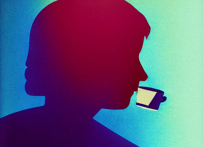 Image similar to portrait of a heroine drinking coffee, (((colorful))),vivid, Mads Berg, Karolis Strautniekas,small finely stippled light, dramatic lighting,film grain, editorial illustration, detailed, gradation, matte print, dynamic composition,moody, cinematic,extreme perspective