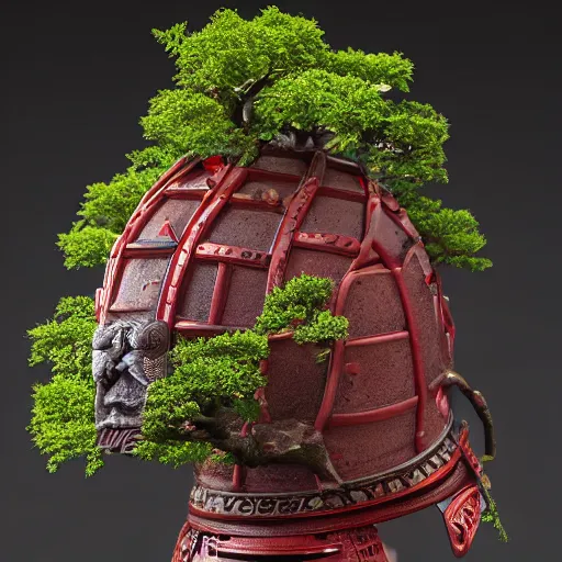 Image similar to incredibly detailed 100 year old Morton Bay fig bonsai planted in, Upside-down ancient intricate red samurai helmet, volcanic rocks, photorealistic, vulumetric lighting, exquisite detail, vray 4k highly detailed, no dof