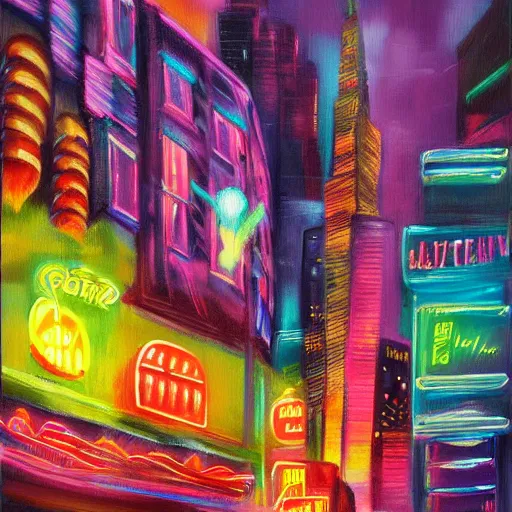 Prompt: neon city with cat realistic painting