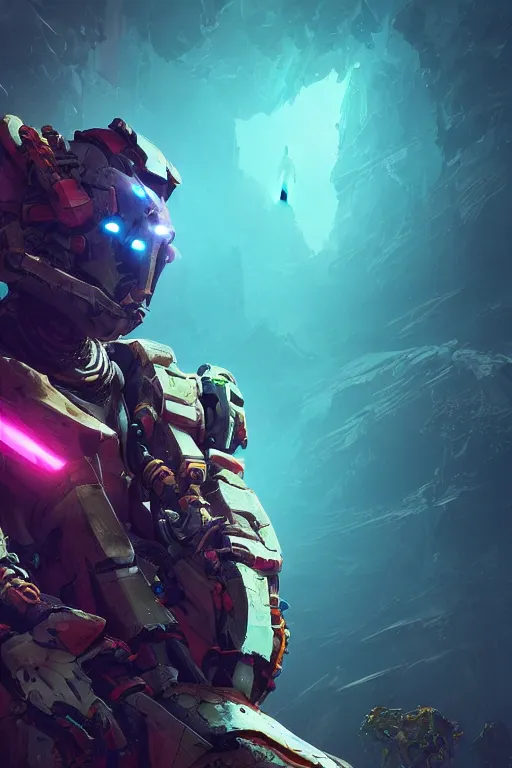 Image similar to strange creature in dead space space suit radiating a glowing aura with dark background, horizon forbidden west horizon zero dawn global illumination ray tracing hdr fanart arstation by ian pesty and alena aenami artworks in 4 k tribal robot ninja mask helmet backpack