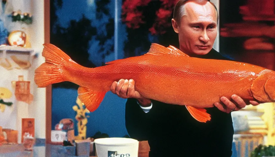 Image similar to 7 0 s movie still of putin in teleshopping show, proudly holding a salmon. cinestill 8 0 0 t _ 3 5 mm eastmancolor, heavy grain, high quality, high detail