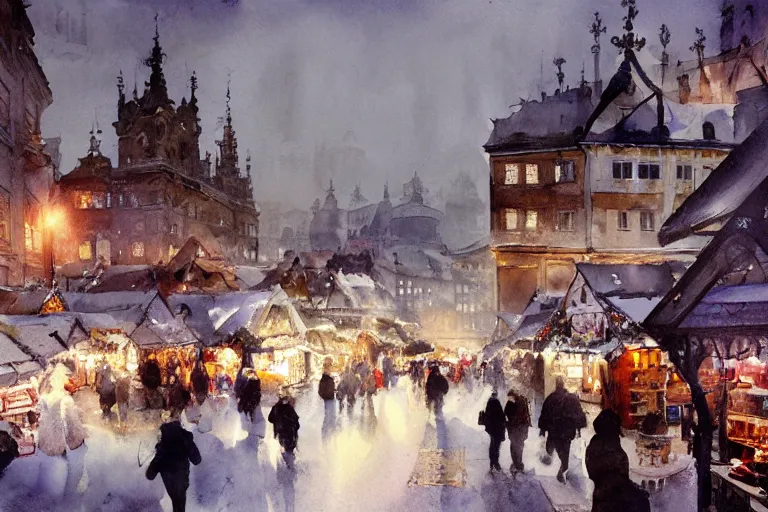 Prompt: abstract watercolor painting of stockholm street, magic diamond crystal winter, traditional christmas market, cinematic light, national romanticism by anders zorn, by greg rutkowski, by greg manchess