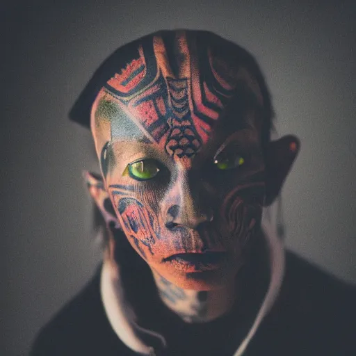 Prompt: portrait photo of a beautiful alien face with tribal tattoos on face, golden hour, 8 0 mm lens