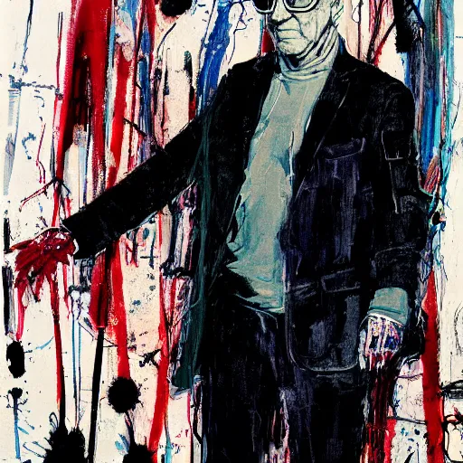 Image similar to Joe Biden full body portrait, Techwear, Cyberpunk, painting by Ralph Steadman, Francis Bacon, Hunter S Thompson