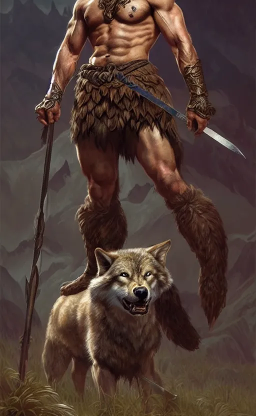Image similar to full body portrait of a gruff ranger with a spear, wolf companion, lean muscular, handsome face, hairy body, D&D, fantasy, intricate, elegant, highly detailed, digital painting, artstation, concept art, matte, sharp focus, illustration, art by Artgerm and Greg Rutkowski and Alphonse Mucha
