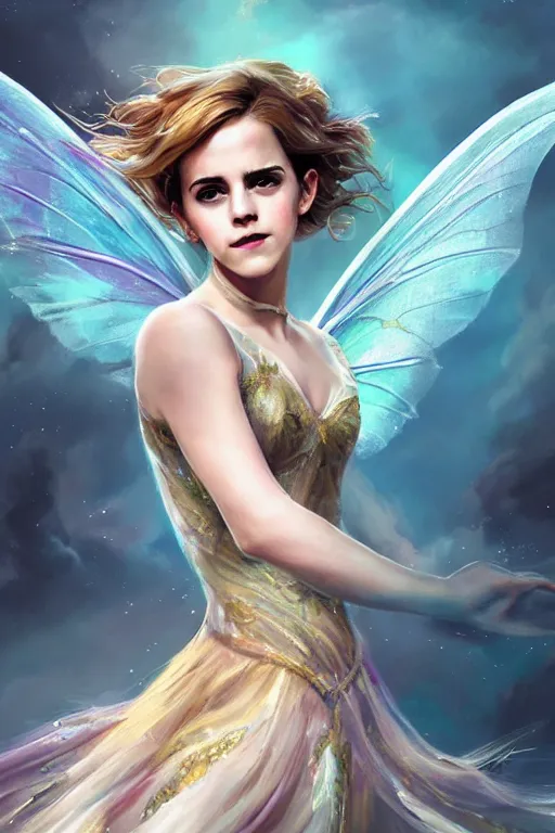 Image similar to a photo of emma watson as flying fairy, fantasy, intricate, beautiful, highly detailed, digital painting, artstation, concept art, smooth, high resolution, sharp focus, illustration