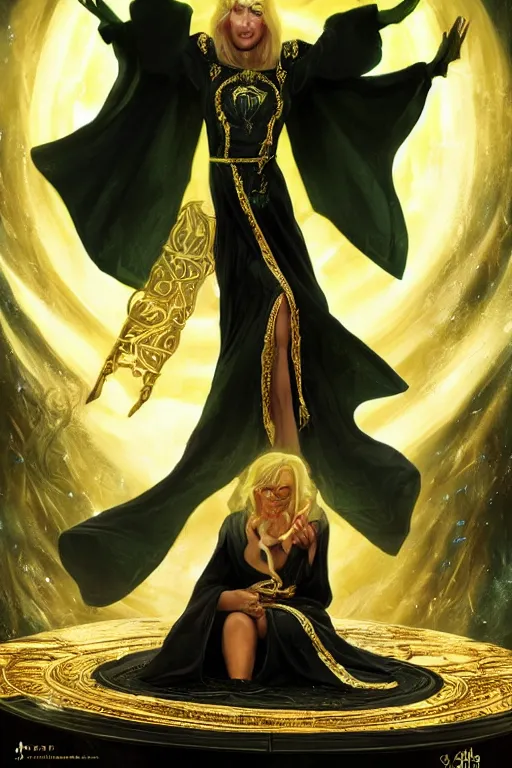 Prompt: a sorceress wearing a black robe with gold embroidery, sitting at table, casting a spell, green glows, painted by artgerm and tom bagshaw, in the style of magic the gathering, highly detailed digital art