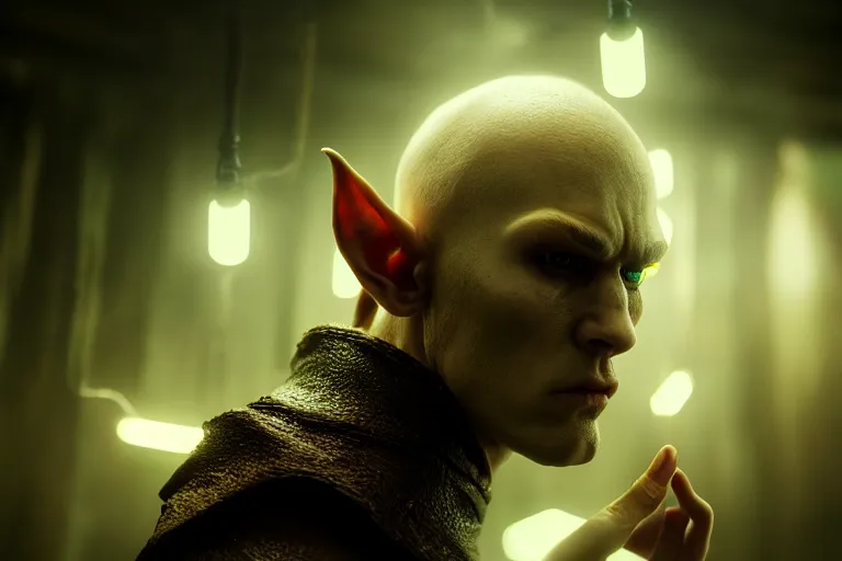 Image similar to an ultra realistic, cinematic, fantasy, portrait, of an evil elf, elden ring, fairy lights, facial features, stood in a supermarket, business clothing, lights, detailed, deep focus, movie still, dramatic lighting, ray tracing, by michal karcz and yoshitaka amano