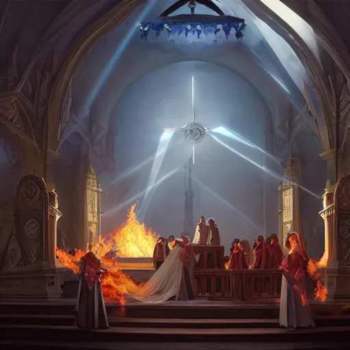 Prompt: an beautiful and detailed matte painting of a lesbian wedding between evil pyromancer and a red mage, unholy union, white church background, god rays, sharp focus, highly detailed, cinematic lighting, studio quality, colorful, smooth render, vector illustration, award winning, by artgerm, greg rutkowski, alphonse mucha