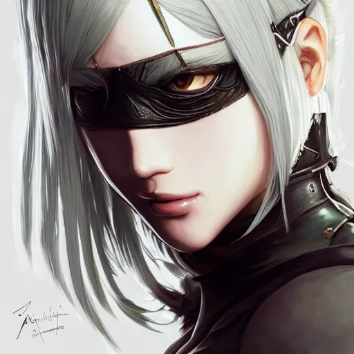 Image similar to closeup of 2B from NieR Automata wearing her blindfold, D&D, fantasy, intricate, elegant, highly detailed, digital painting, artstation, concept art, matte, sharp focus, illustration, hearthstone, art by Artgerm and Greg Rutkowski and Alphonse Mucha