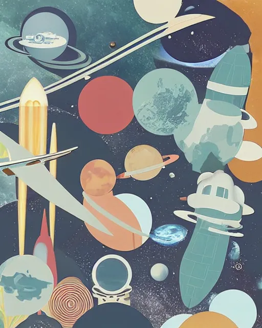 Image similar to A collage of Space Travel, mid-century modern, made of random shapes cut from magazines