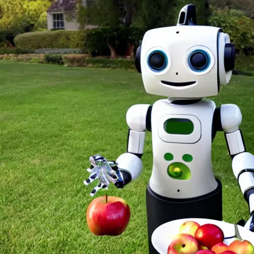 Prompt: a robot butler holding a plate with an apple on it.