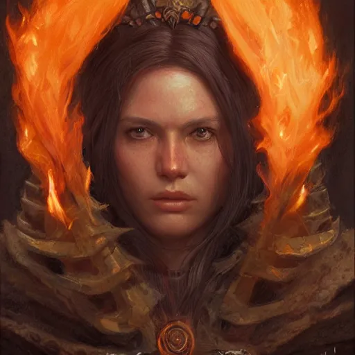 Prompt: the female flame wizard as a realistic d & d fantasy character, closeup portrait art by donato giancola and greg rutkowski, vintage retro, realistic face, digital art, trending on artstation, symmetry!!