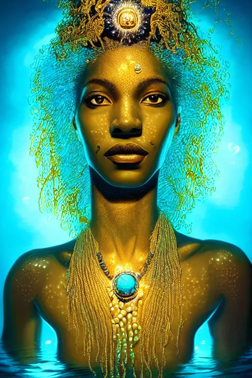 Image similar to hyperrealistic whole body cinematic bioluminescent very expressive! oshun goddess underwater scene, gold jewerly, highly detailed face, digital art masterpiece, smooth eric zener cam de leon, dramatic pearlescent turquoise light on one side, low angle uhd 8 k, shallow depth of field