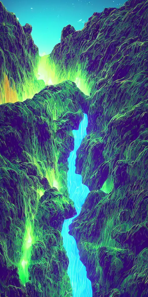 Image similar to a beautiful neon alien landscape, mountains, neon waterfalls