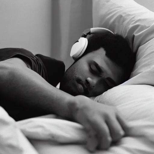 Prompt: a young man is lying on his bed and listening to music on an iphone, headphones on his head, the year is 1 9 8 4, film photography, grainy