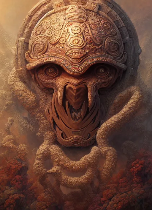 Image similar to Helmet of a forgotten Mayan Deity, ivory, corals, extremly detailed digital painting, in the style of Tomasz Alen Kopera and Fenghua Zhong and Peter Mohrbacher, mystical colors, rim light, beautiful lighting, 8k, stunning scene, raytracing, octane, trending on artstation