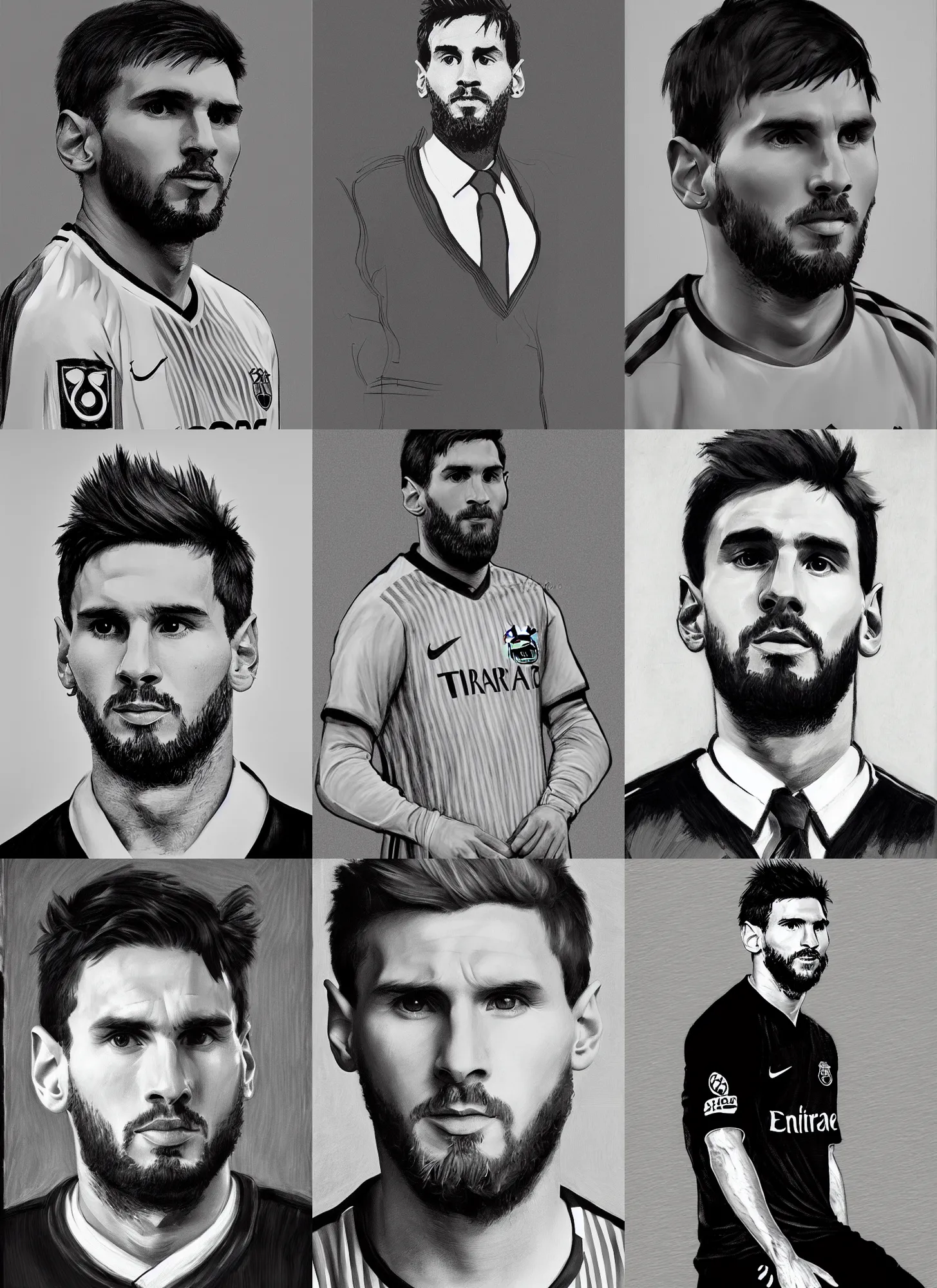 Prompt: portrait of Leonel Messi dresses in black and white, grey backdrop, by Manet, super detailed, photorealism, 4k, hd