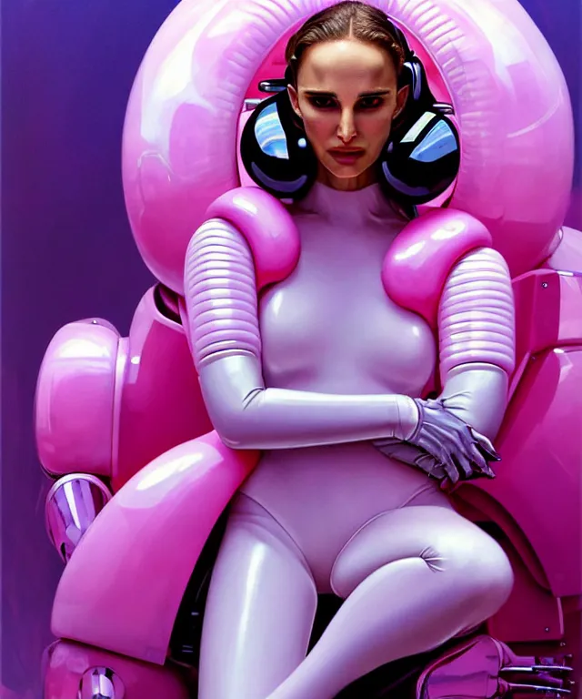 Image similar to beautiful fantasy character portrait, natalie portman, wearing oversized plastic puffy pink bomber jacket and white leotard, seductive seated pose, futuristic chrome vehicle, ultra realistic, wide angle, dramatic lighting, robots, cyberpunk artifacts, highly detailed by boris vallejo, aaron horkey, paolo eleuteri serpieri, hajime sorayama, peter mohrbacher,,