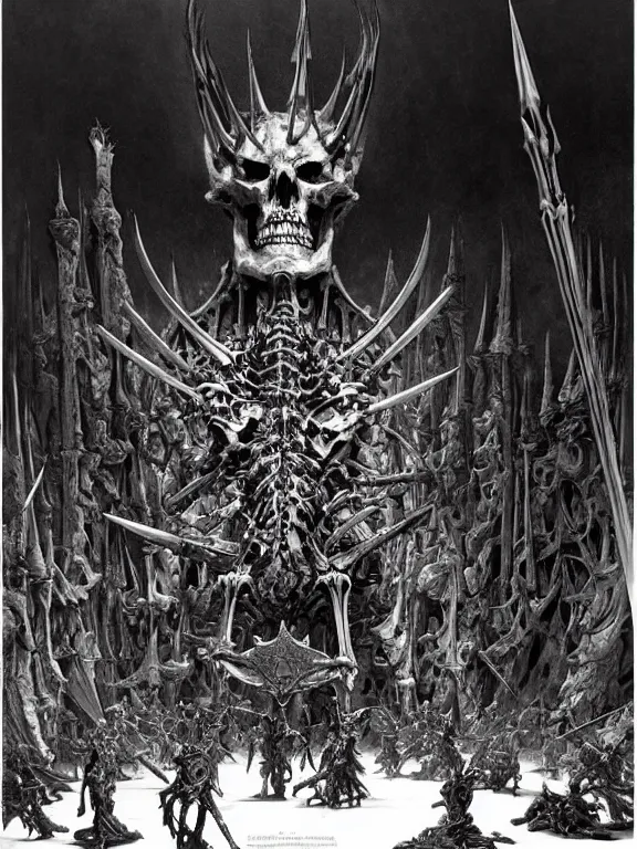 Prompt: A spiked horned semiork-semihuman skeleton with armored joints stands in a large cavernous throne room with a big broadsword in hand. Massive shoulderplates. Extremely high details, realistic, fantasy art, solo, masterpiece, bones, ripped flesh, saturated colors, art by Zdzisław Beksiński, Dariusz Zawadzki