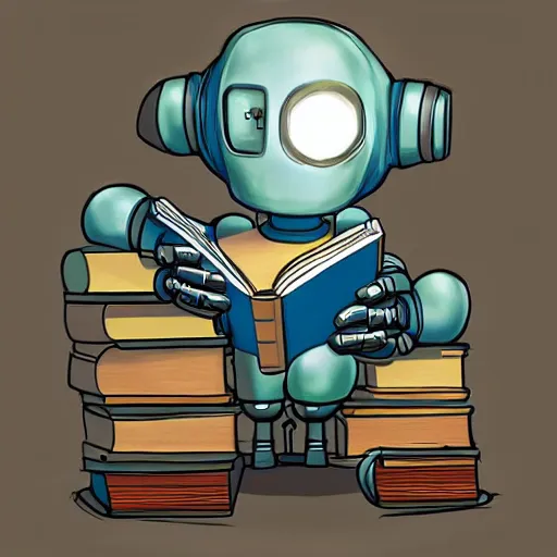 Prompt: cute robot reading a book. Trending on ArtStation, concept art