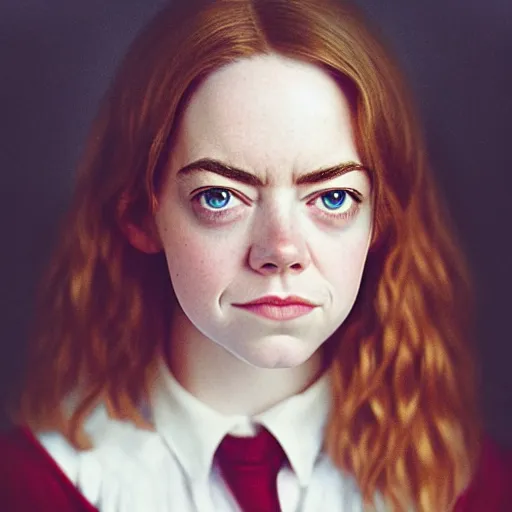 Image similar to beautiful hyperdetailed photograph of hermione granger portrrayed by emma stone, hogwarts uniform, golden hour, soft focus, medium shot, 8 k, portra 4 0 0