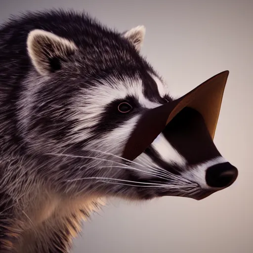 Image similar to a hyperrealistic octane render of a raccoon with a camera lens for a nose, photorealism, unreal engine, dramatic lighting, volumetric lighting, uplighting