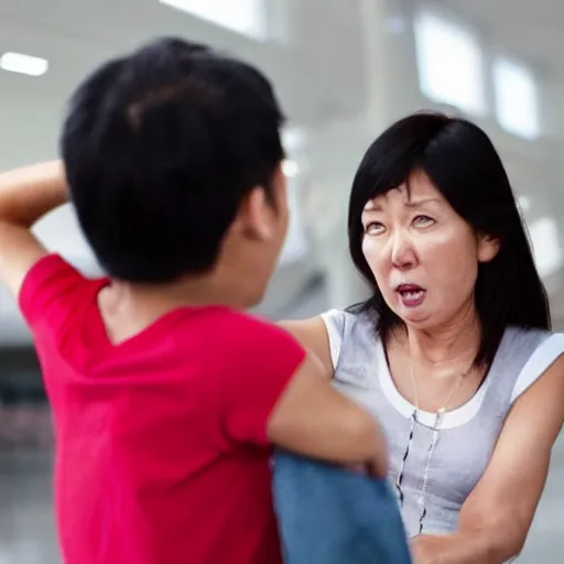 Prompt: asian mom angry at dad because they missed the flight